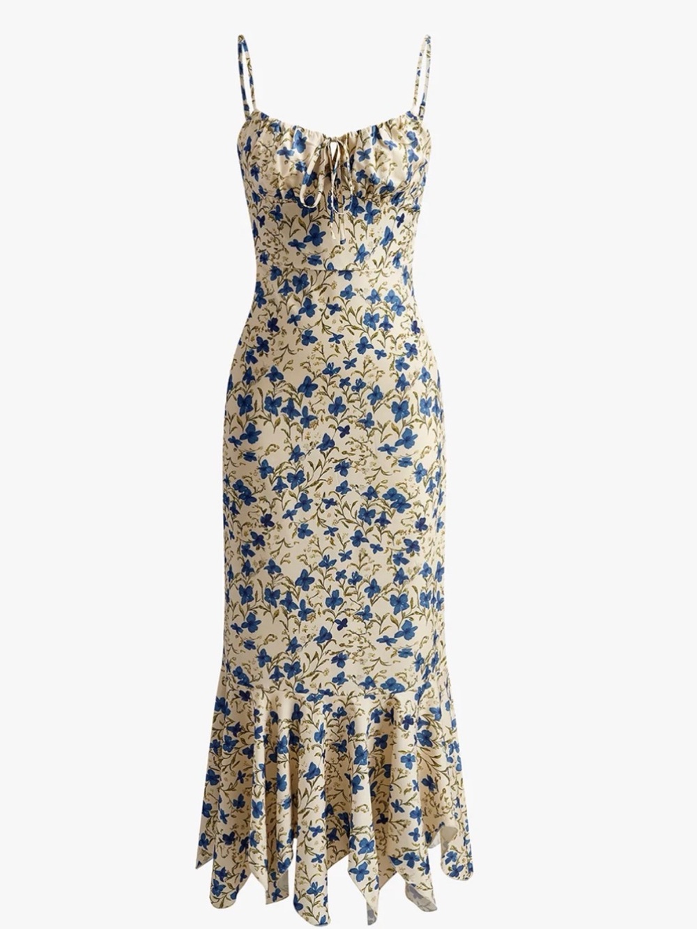 Commense Cream and Blue Floral Midi Dress with Ruffle Hem